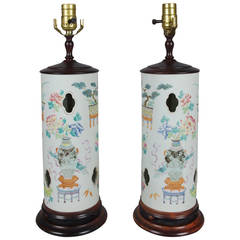 Antique Pair of Chinese Porcelain Famille Rose Hat Stands Mounted as Lamps