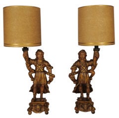 Pair of Carved and Painted Altar Sticks Mounted as Lamps