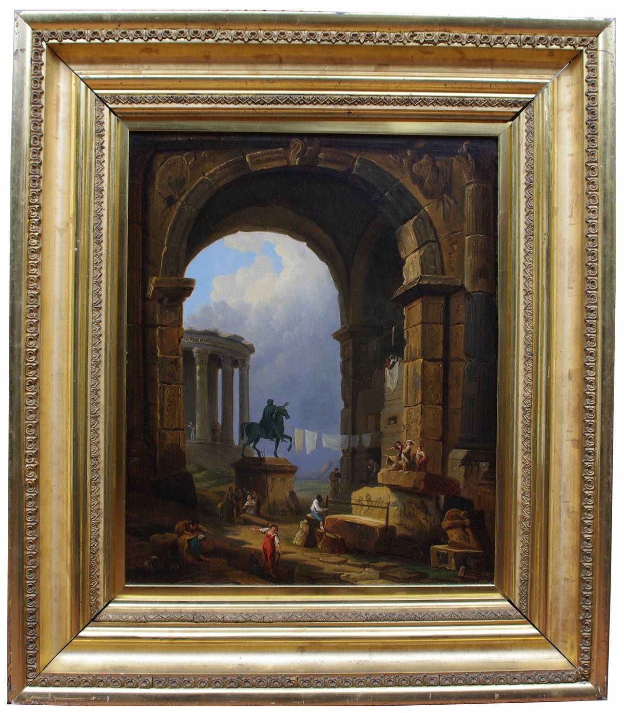 Roman Capriccio set within the Arch of Constantine, the statue of Marcus Aurelius in the middle ground and a temple ruin beyond.

This intriguing painting depicts a lively, nearly surrealistic scene taking place within the ancient ruins of Rome. A