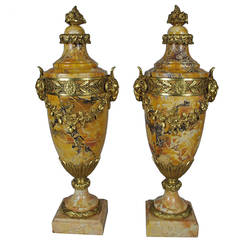 Pair of Louis XVI Style Ormolu-Mounted Sienna Marble Urns