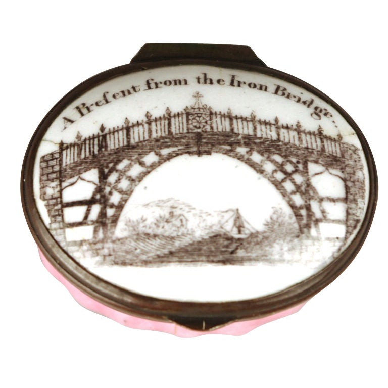 Enamel Patch Box "A Present from the Iron Bridge" For Sale
