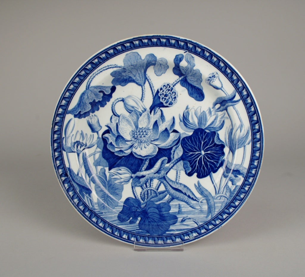 This beautiful plate with its graphic representation of water lilies was a popular pattern at the beginning of the 19th century. It was produced in in blue, as seen here, and in brown, a service of which was owned by Charles Darwin.