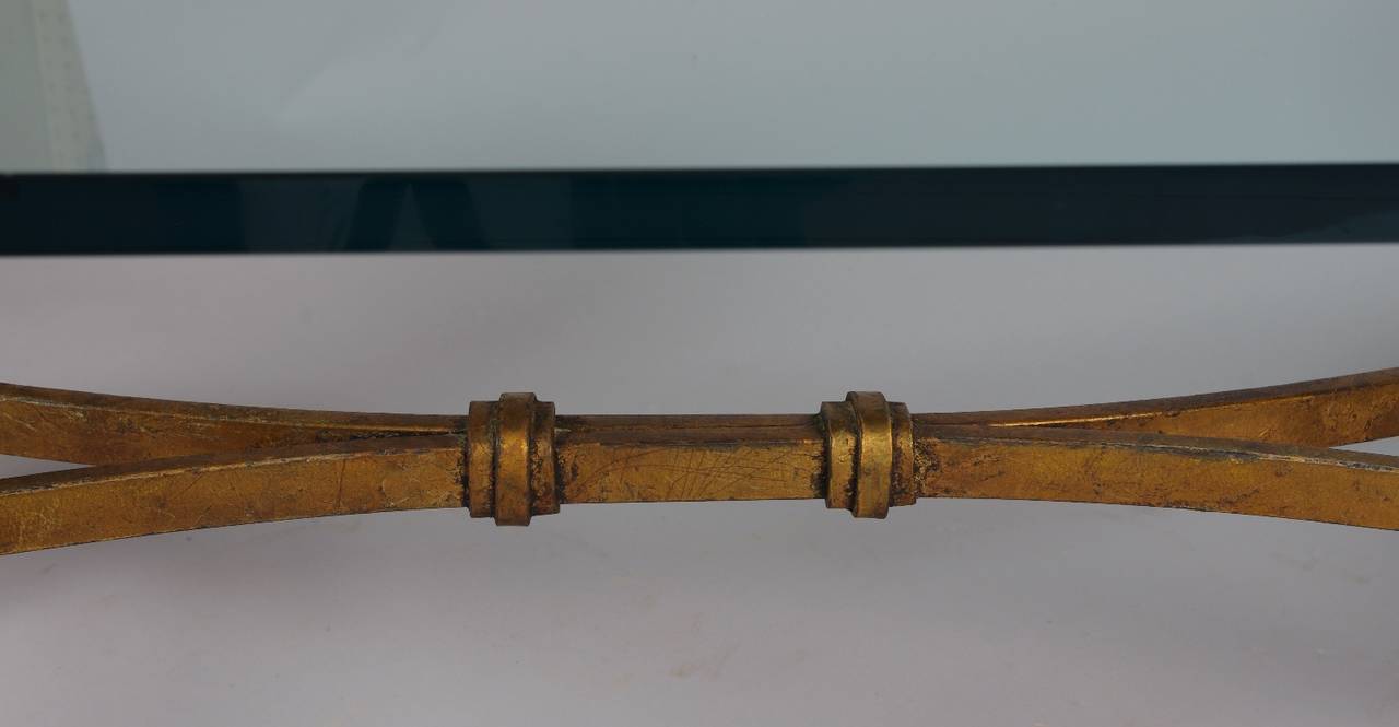 Mid-Century Modern Gilt Wrought Iron Coffee Table with Glass Top