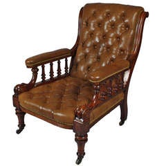 Antique Victorian Mahogany Tufted Leather Open Armchair