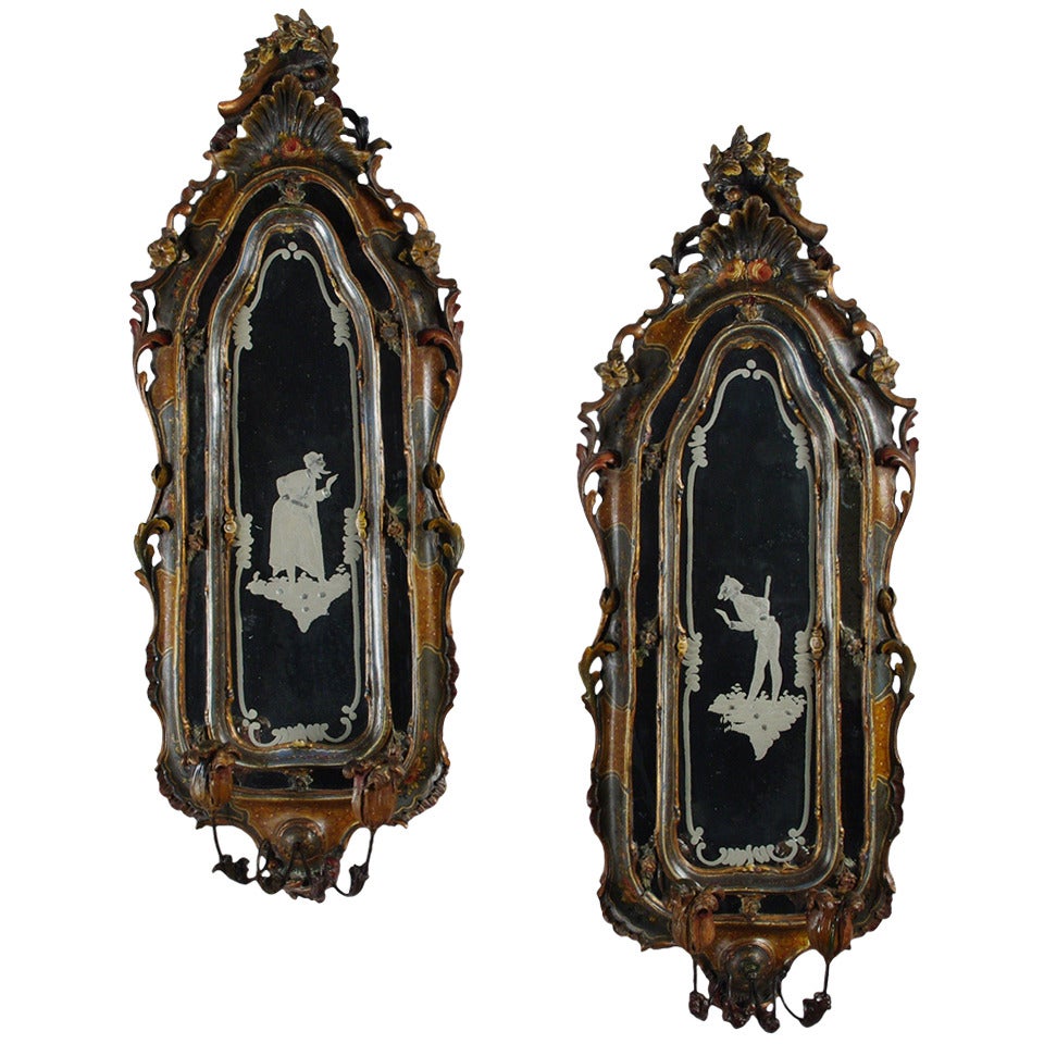 Fine Pair of Venetian Carved and Painted Girandoles