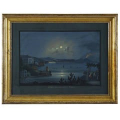 Gouache Attributed to Giuseppe Scoppa, Moonlit Bay of Naples with Mount Vesuvius