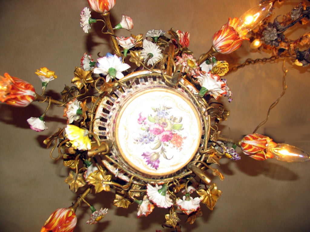 French Gilt Bronze &  Porcelain Floral Chandelier 3