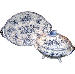 French Faience Blue & White Tureen with Platter