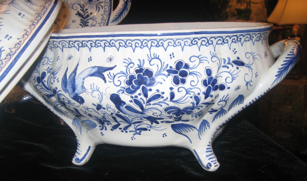 Mid-20th Century French Faience Blue & White Tureen with Platter