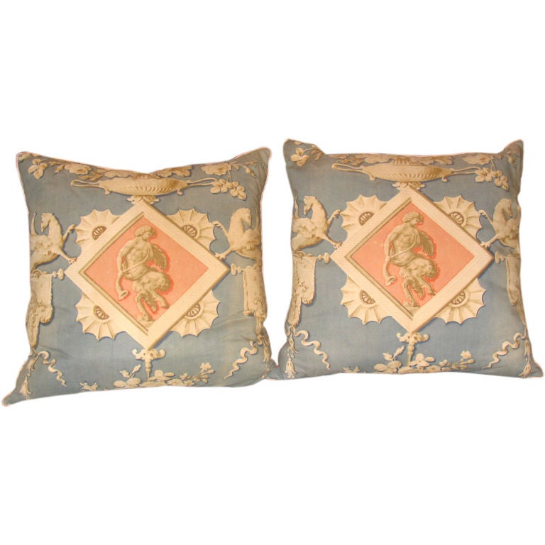 Vintage Pair of Linen Printed "Satyr" Pillows For Sale
