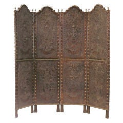 19th Century Spanish Baroque Leather Floor Screen