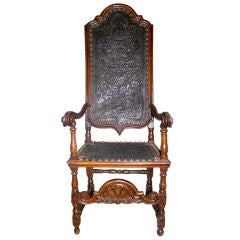 Spanish Colonial Handcarved Walnut Highback Leather Armchair