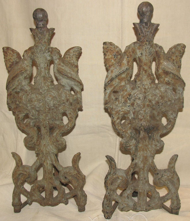 Vintage Pair Cast Painted Andirons with Lovebirds