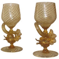 Pair of Small Antique Gold Murano Glass Dolphin Goblets