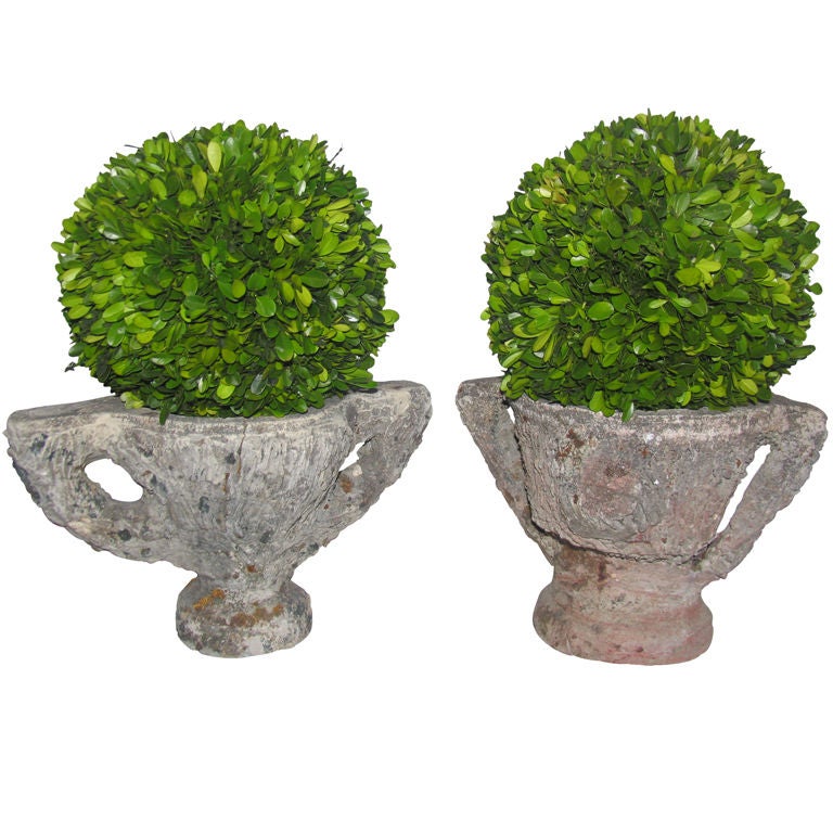 Pair Vintage Faux Bois Garden Urns/Planters