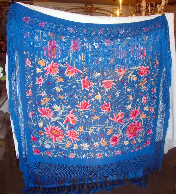 Gorgeous!!  Large vintage embroidered art deco period silk piano shawl in vibrant blue with a profusion of fuschia florals and dramatic 18