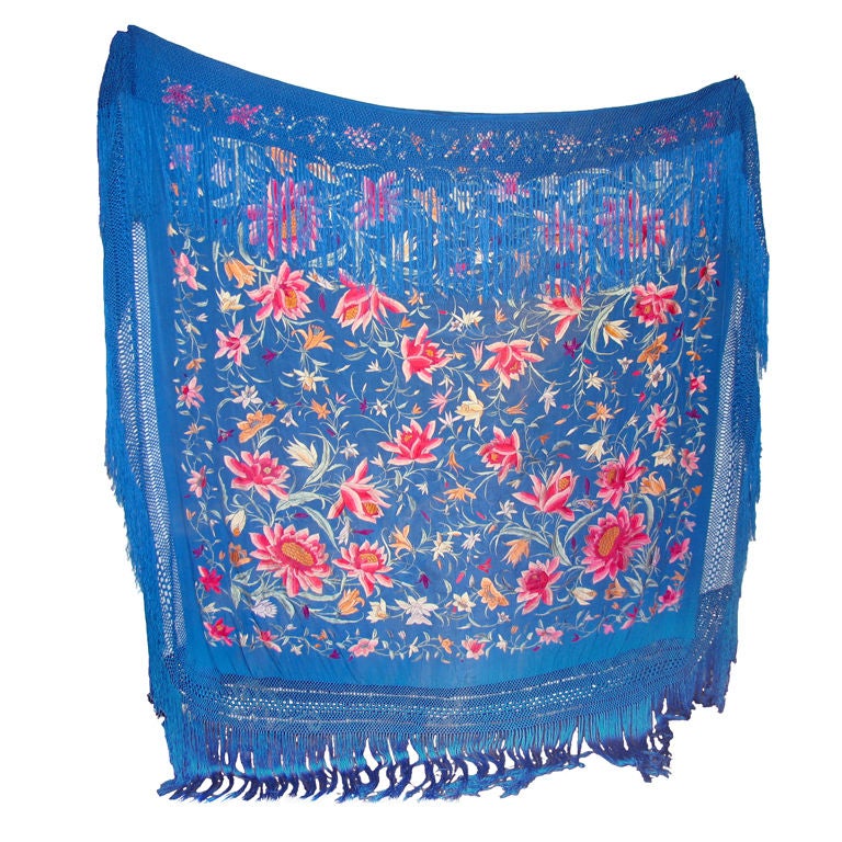 Vintage Embroidered Blue Floral Piano Shawl For Sale