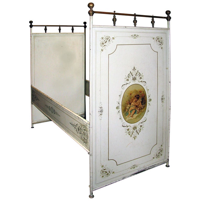Antique French Tole and Brass Painted Childs Bed For Sale