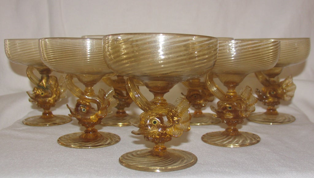 Antique Set Murano Gold Dolphin Champagne Glasses