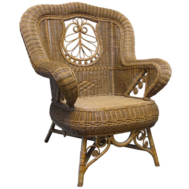 Antique French Wicker Wing Chair For Sale