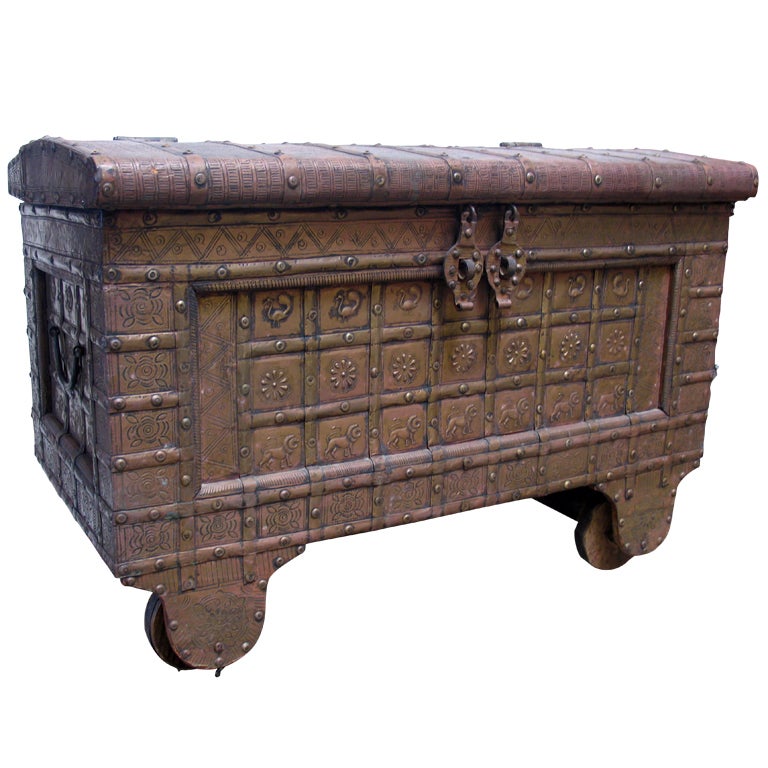 Antique Teak and Brass Trunk/Chest For Sale
