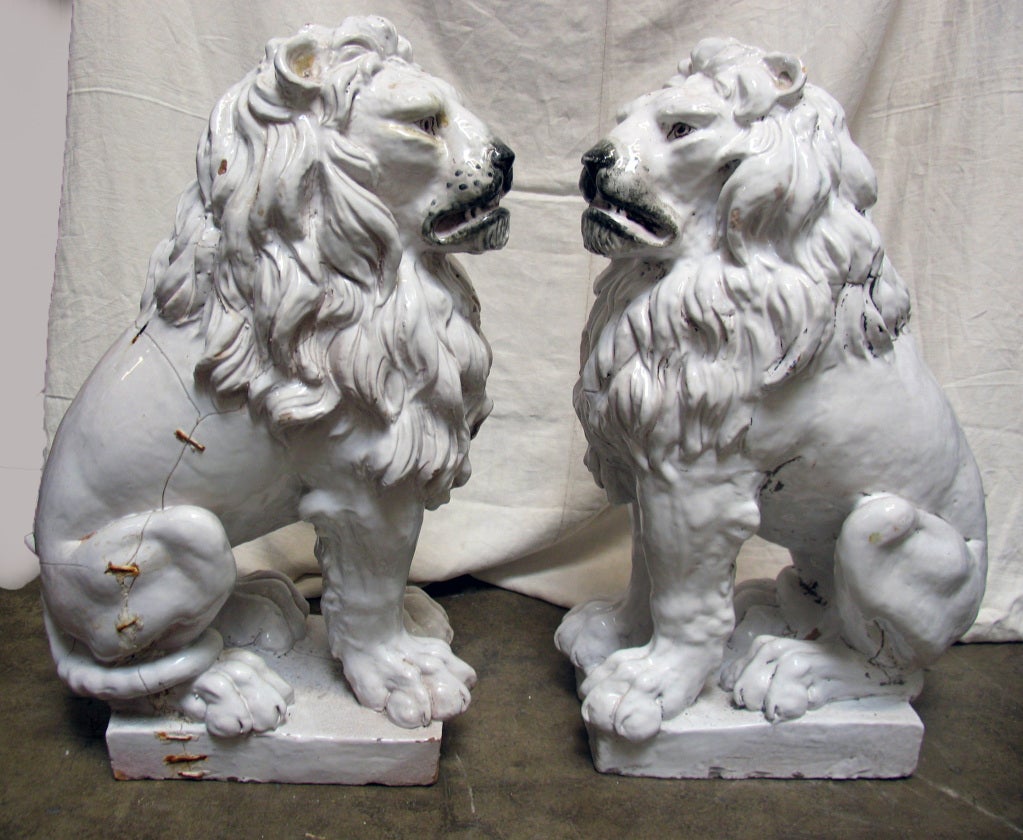 Pair Antique Baroque Style White Glazed Lions