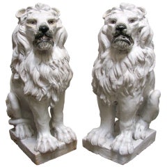 Pair Vintage Baroque Style White Glazed Lions