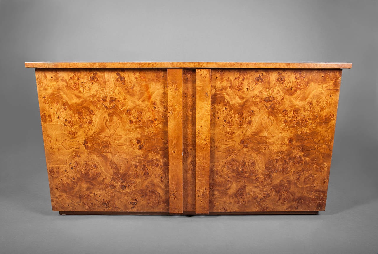 Italian burl wood cabinet. Shelf and drawer in each of two sections.