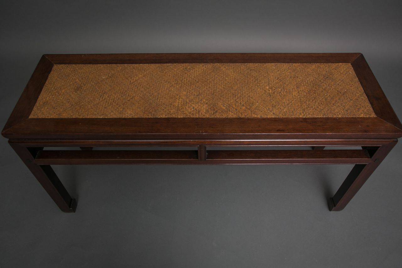 Rosewood Chinese Long Table with Woven Bamboo Top In Excellent Condition For Sale In Hudson, NY