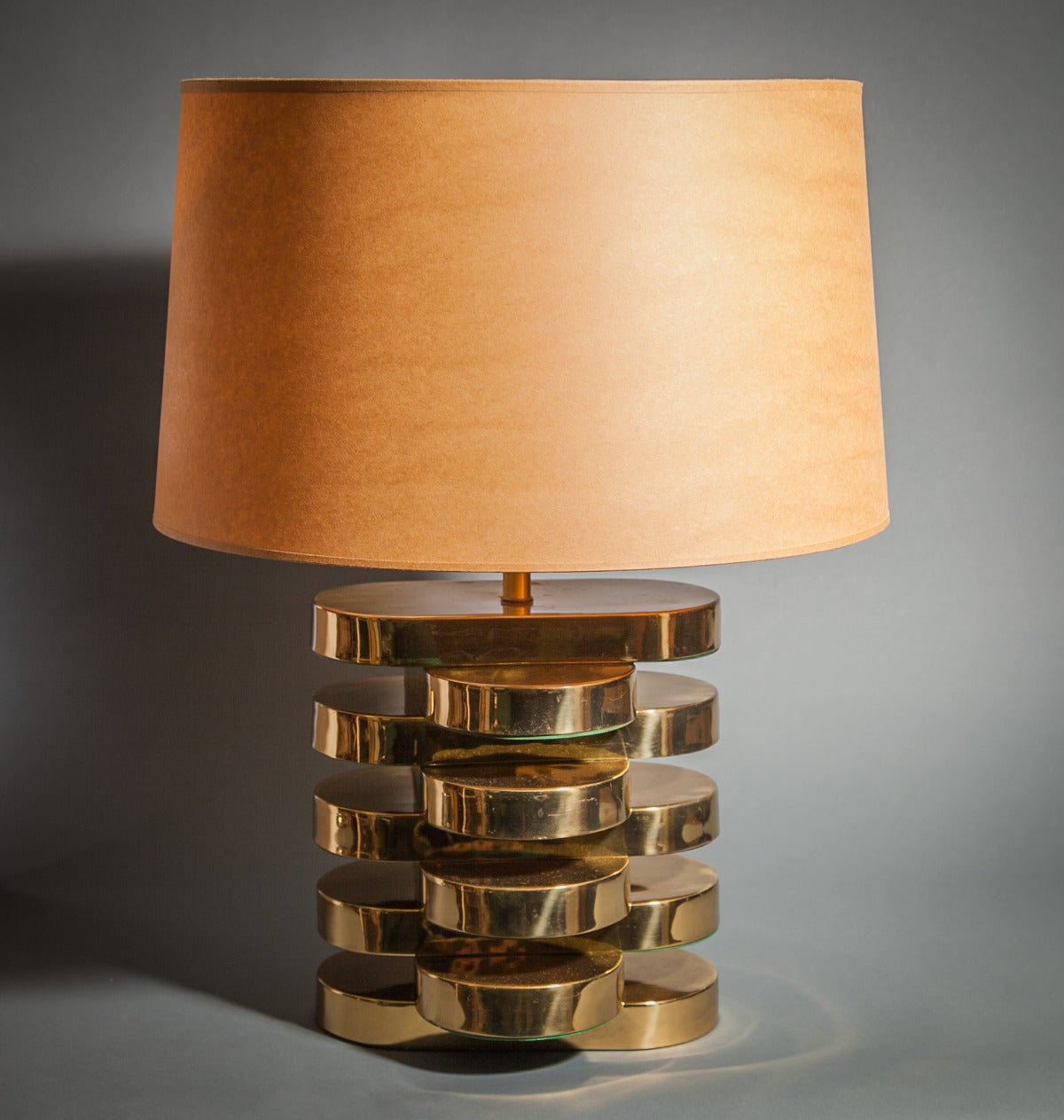 Karl Springer style brass lamp.
(Shade shown is 19 inches diameter.)