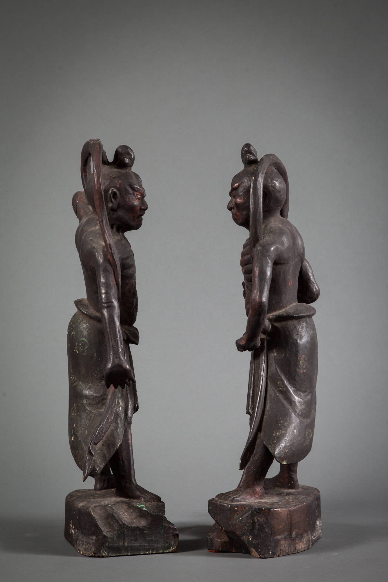 Pair of Japanese Buddhist guardian figures. Wood with mineral pigments on gesso.