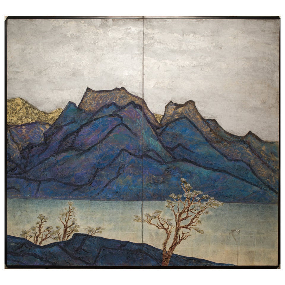Japanese Screen: Blue Mountain Landscape Titled "Seiko" (Sunny Lake)