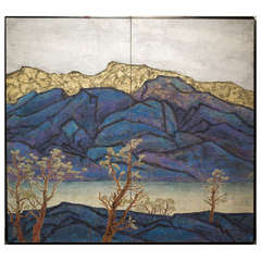Japanese Screen: Blue Mountain Landscape titled "Seiko" (Sunny Lake)