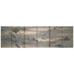 Japanese Screen: Egrets in Water Landscape with Lotus and Persimmon Loquats