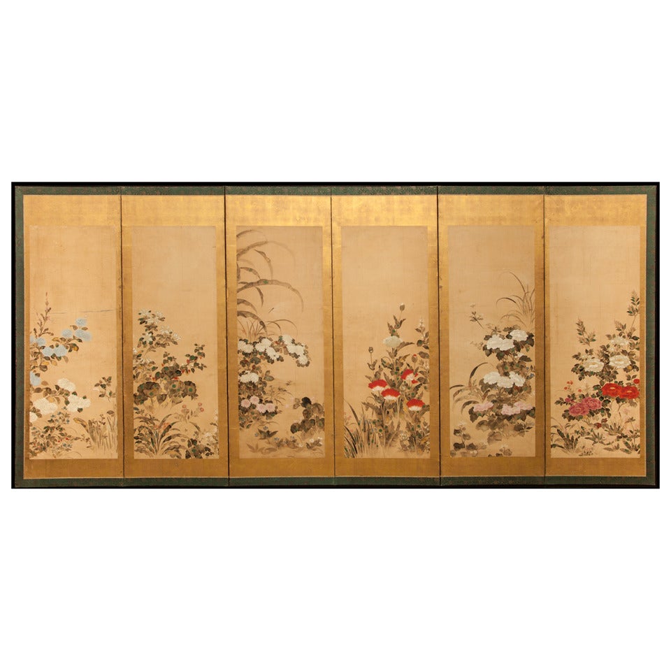 Japanese Six Panel Screen: Flowering Plants