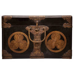 Japanese Black Lacquer Fabric Storage Box with Gold Chrysanthemum Crests