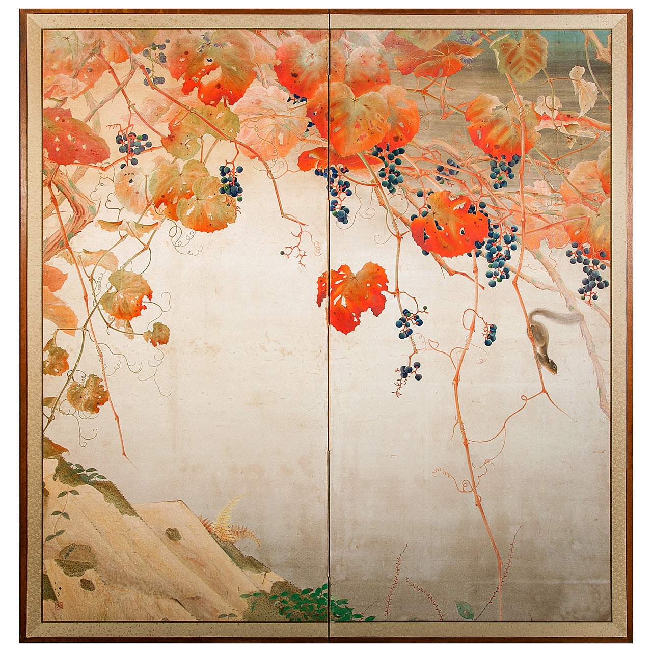 Japanese Two-Panel Screen, Autumnal Screen of Grape Arbor with Squirrel