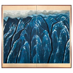 Japanese Two Panel Screen: Blue Mountain Landscape
