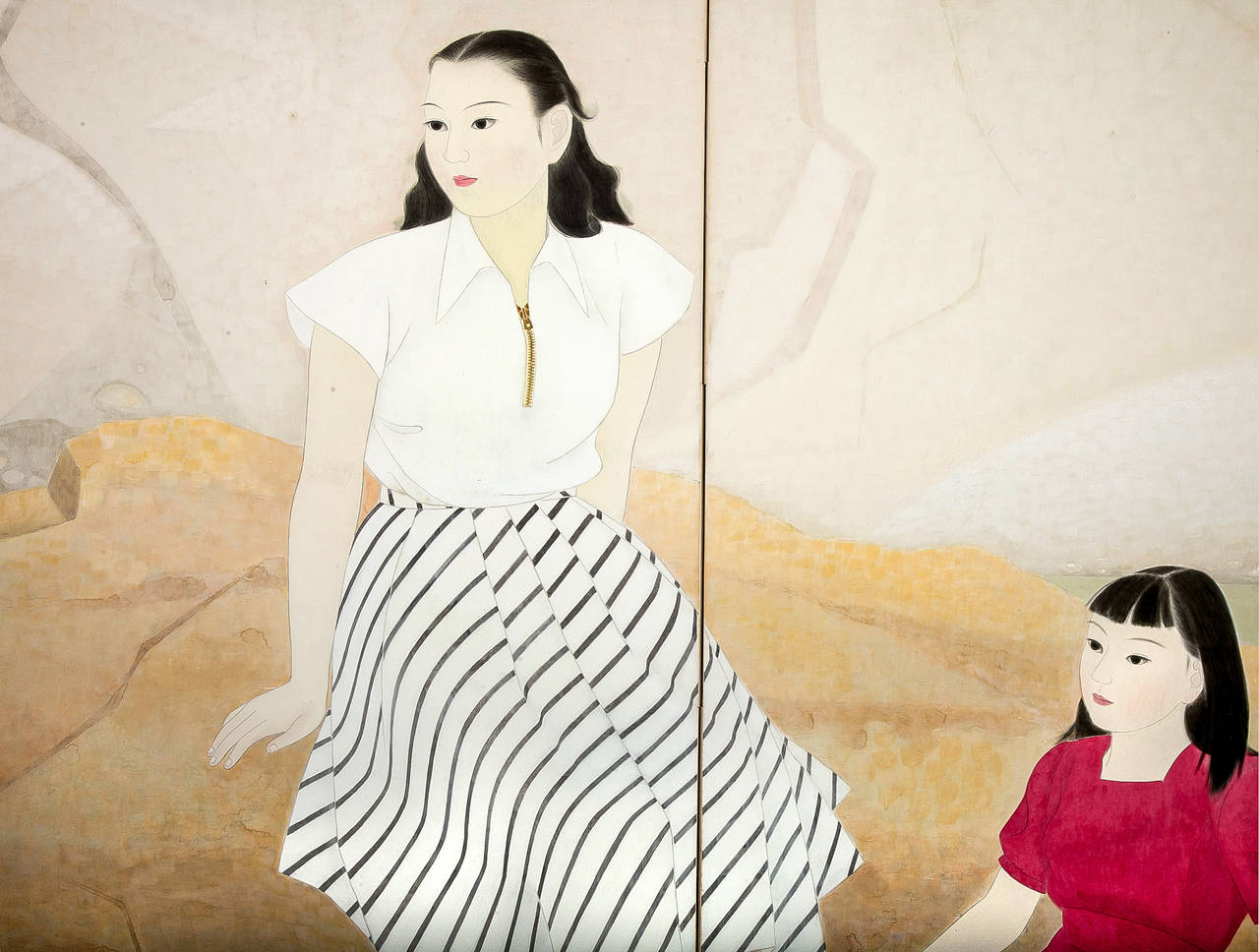 Biombo japonés de dos paneles: Mujeres vestidas a la occidental, pintura de estilo Nihonga de dos mujeres jóvenes vestidas a la occidental en verano, sentadas a la orilla del agua y refrescándose metiendo los pies en el agua.  Pintura del periodo