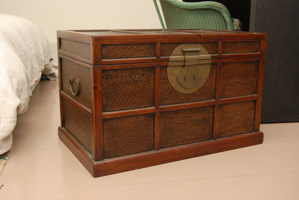 Pair of Elmwood and Rattan Trunks