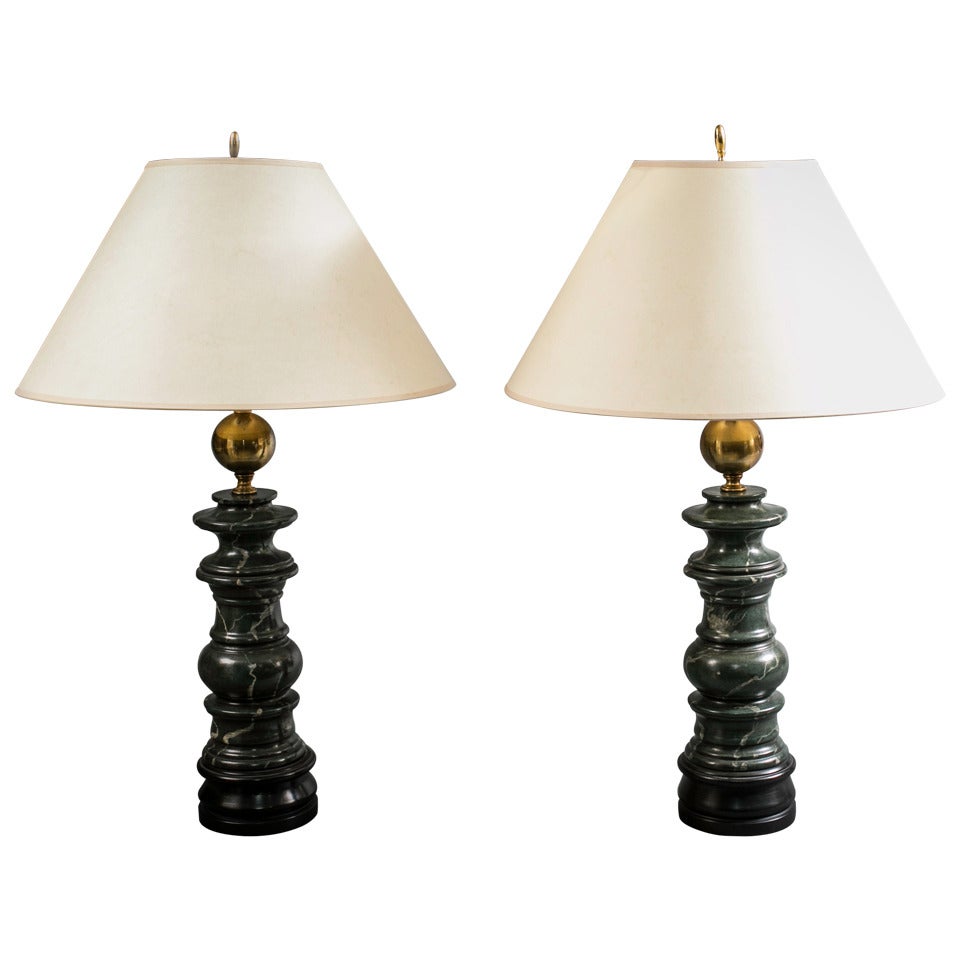 Pair of Neoclassical Style Turnwood and Faux Marble Painted Lamps For Sale
