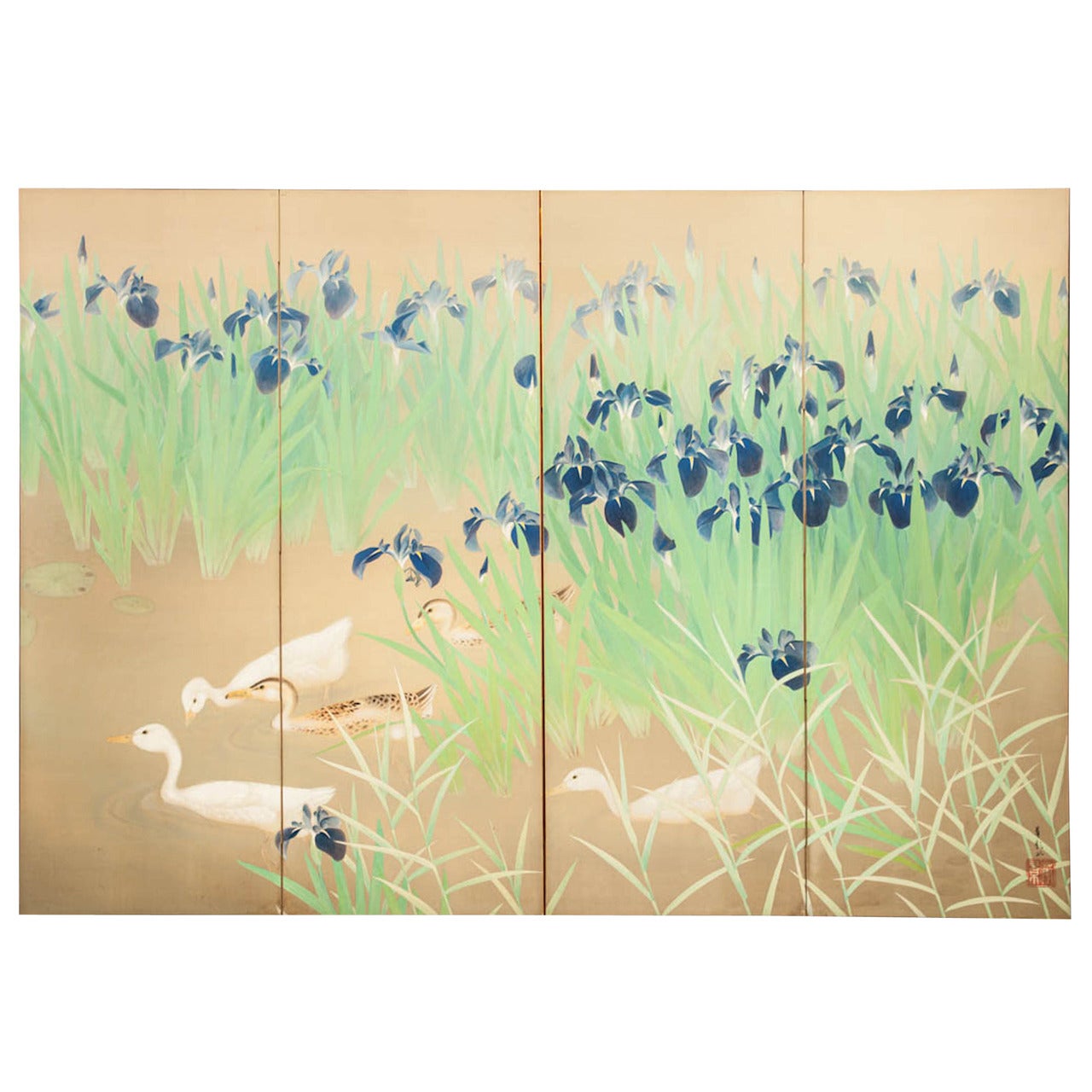 Japanese Four Panel Screen, Water Landscape with Iris and Ducks