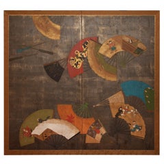 Japanese Two Panel Screen, Painted Fans