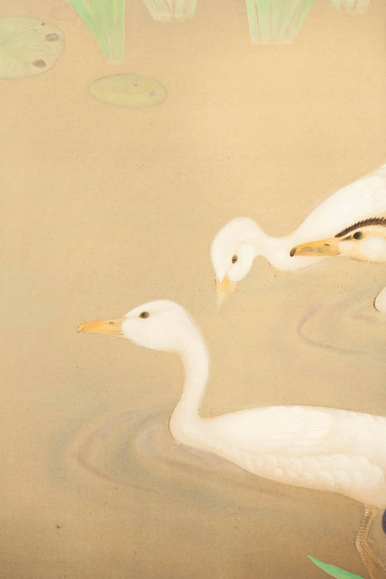 Japanese Four Panel Screen, Water Landscape with Iris and Ducks on Silk.  Taisho Period.  Signed: Komatsu Kaei (1898-1945)