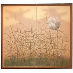 Japanese Two Panel Screen: Silver Moon and Wild Grasses