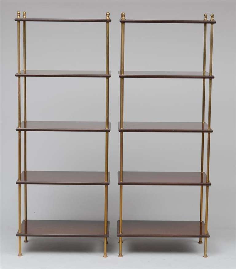 Pair of Five-Tiered Étagères.  Modern brass and faux mohogany, in the style of Billy Baldwin.