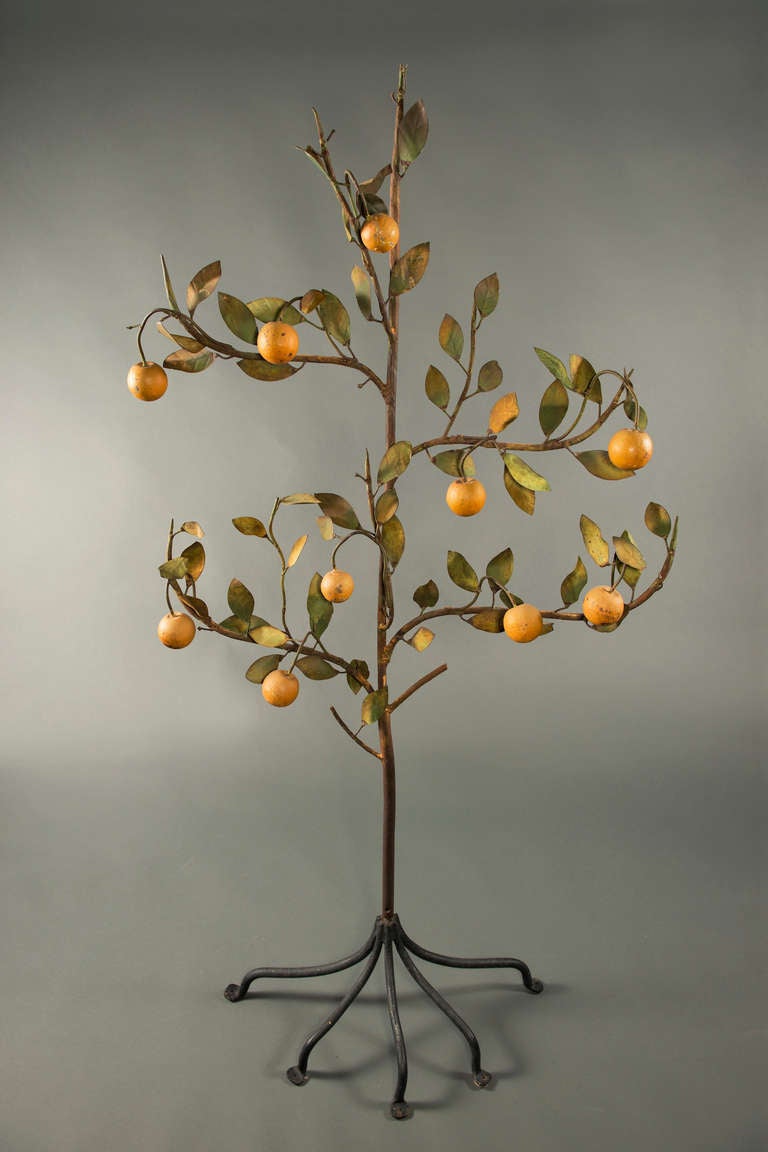 Wrought Iron and Tôle Peinte Orange Tree.  Slender stem with five fruiting branches on five S-scroll legs.