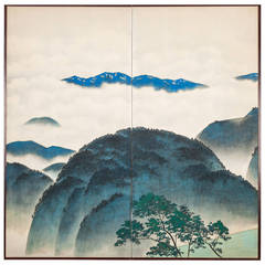 Japanese Screen: Blue Mountain Landscape