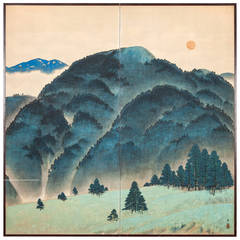 Japanese Screen: Blue Mountain Landscape