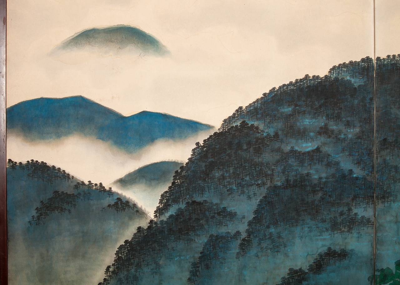 Japanese Screen: Blue Mountain Landscape